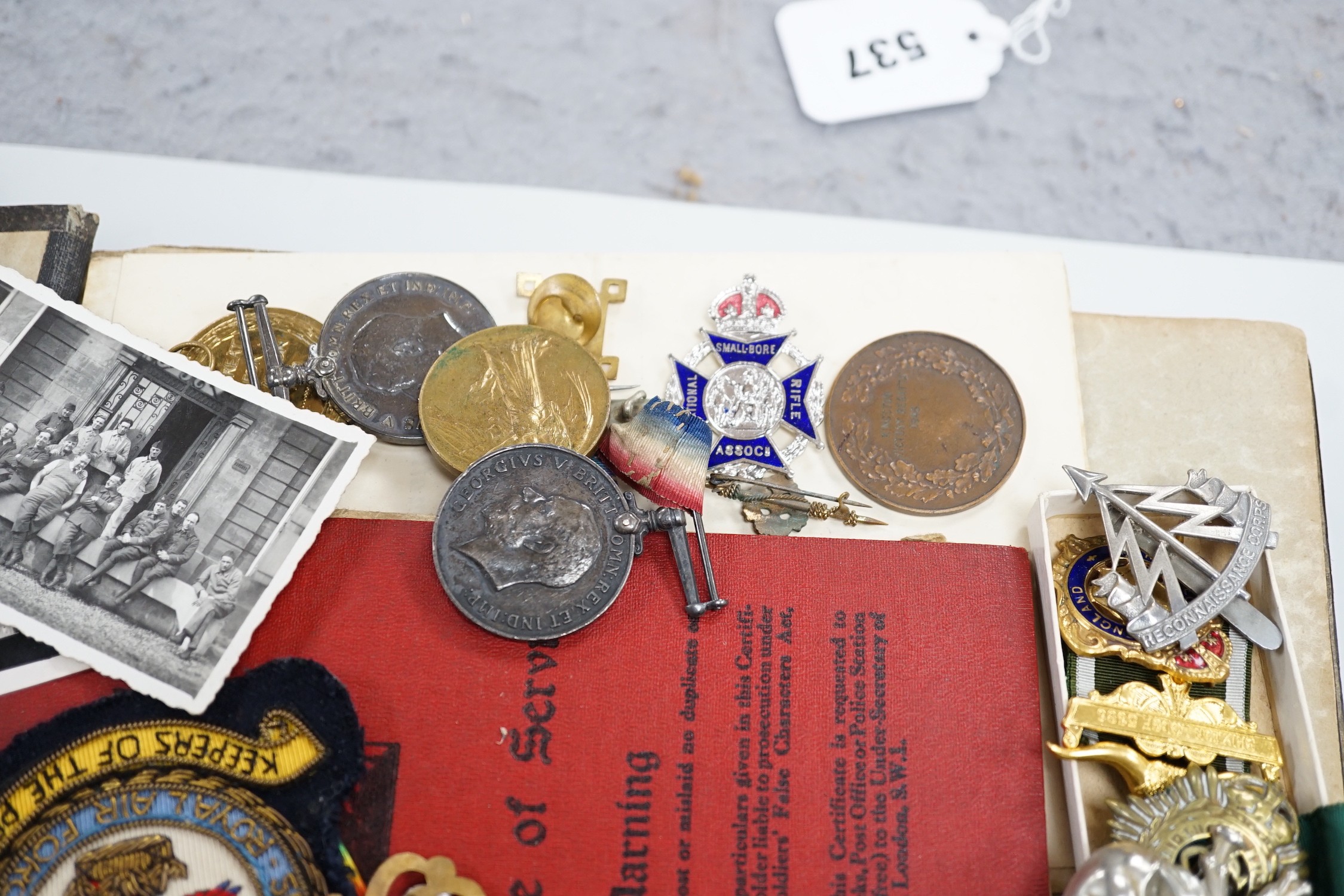 Two pairs of WWI medals awarded to Q.M. & LIEUT. H. BATCHELOR. and 15418 PTE. H. J. BATCHELOR. 19-HRS. together with various military badges, certificates, photographs and paperwork including a regular army certificate o